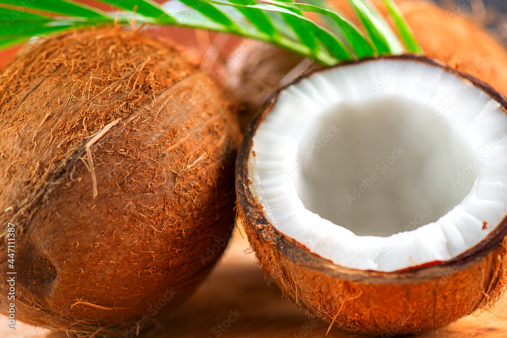 Coconut with coconuts green palm tree leaf closeup. Beauty treatments. Coco nut close-up. Healthy Fo