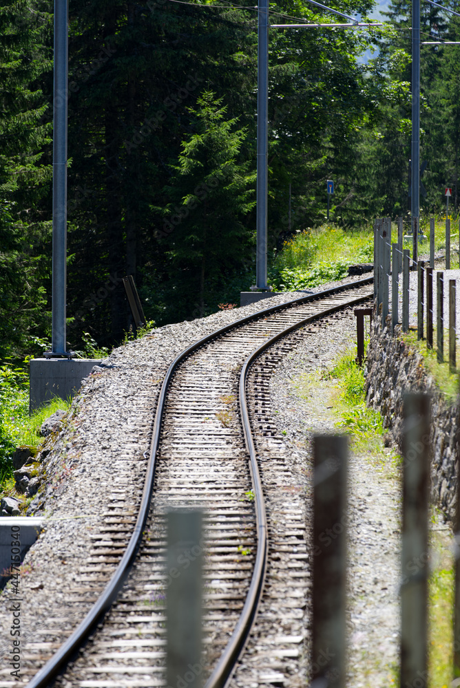 Railroad tracks in the mountains at Mürren on a sunny summer day. Photo taken July 20th, 2021, Laute