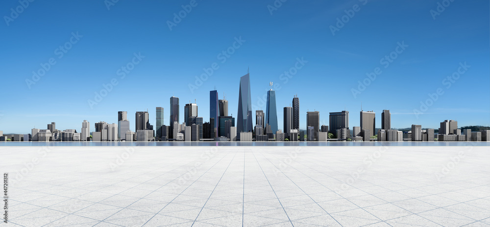 Panoramic view of empty concrete tiles floor with city skyline.