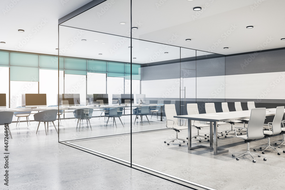 Modern concrete and glass meeting room office interior with furniture, equipment and daylight. 3D Re