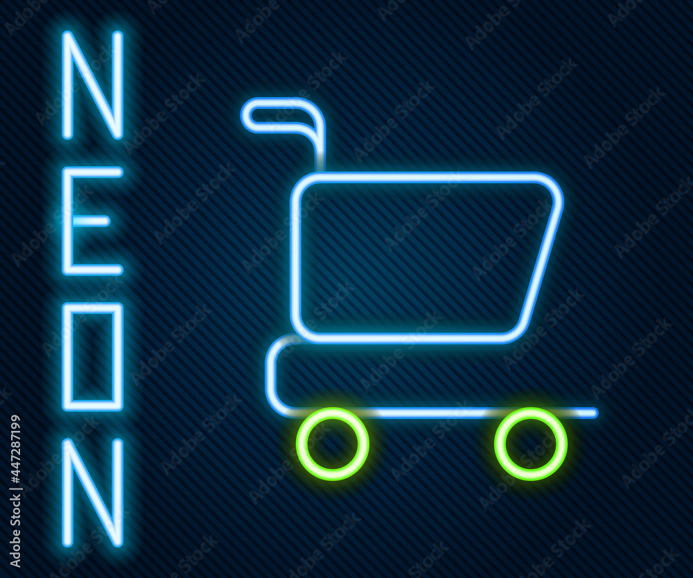 Glowing neon line Shopping cart icon isolated on black background. Online buying concept. Delivery s