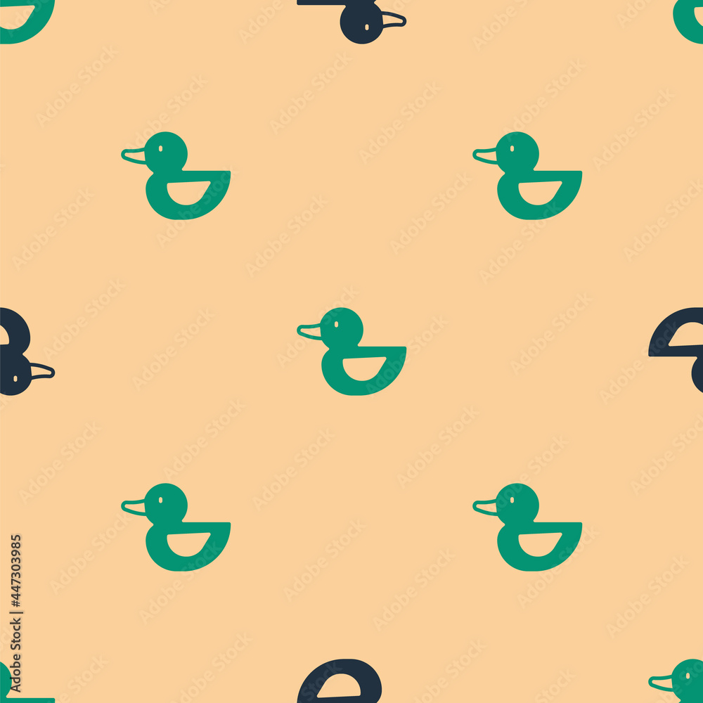 Green and black Rubber duck icon isolated seamless pattern on beige background. Vector