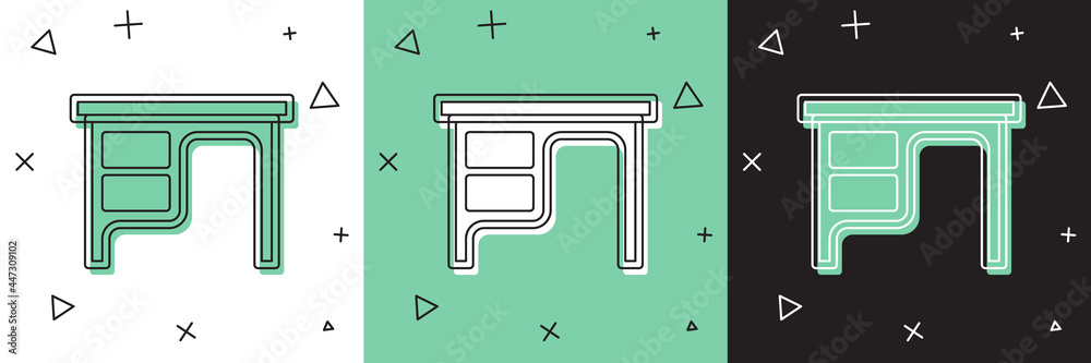 将办公桌图标隔离在白色和绿色、黑色背景上。矢量