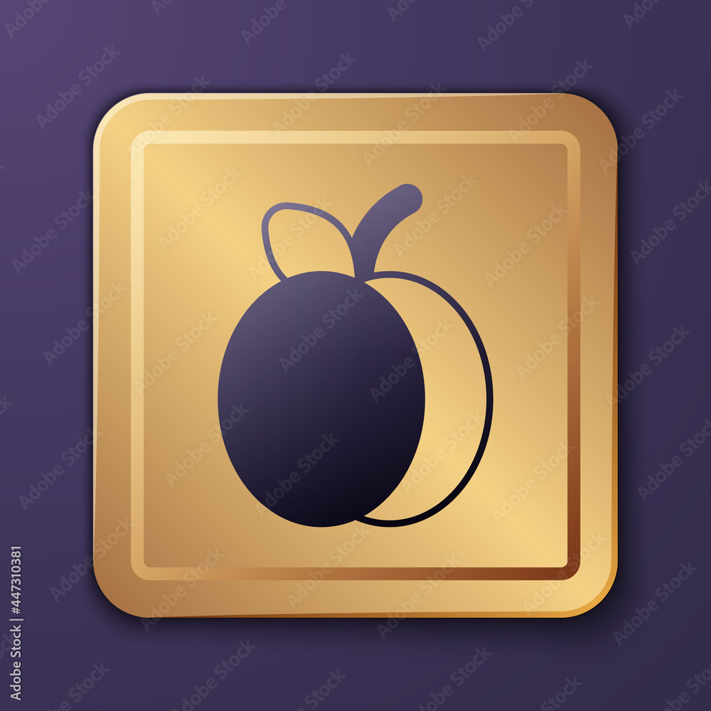 Purple Plum fruit icon isolated on purple background. Gold square button. Vector