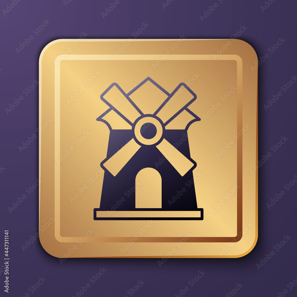 Purple Windmill icon isolated on purple background. Gold square button. Vector