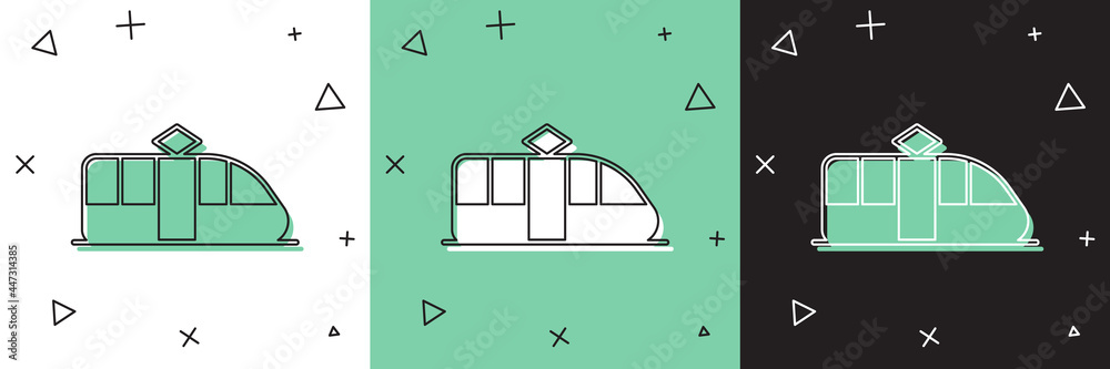 将有轨电车和铁路图标隔离在白、绿、黑背景上。公共交通符号