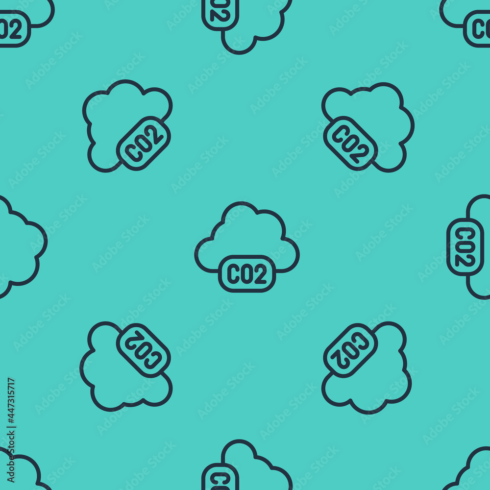 Black line CO2 emissions in cloud icon isolated seamless pattern on green background. Carbon dioxide