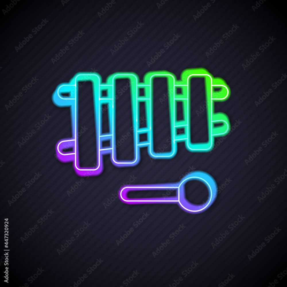 Glowing neon line Xylophone - musical instrument with thirteen wooden bars and two percussion mallet