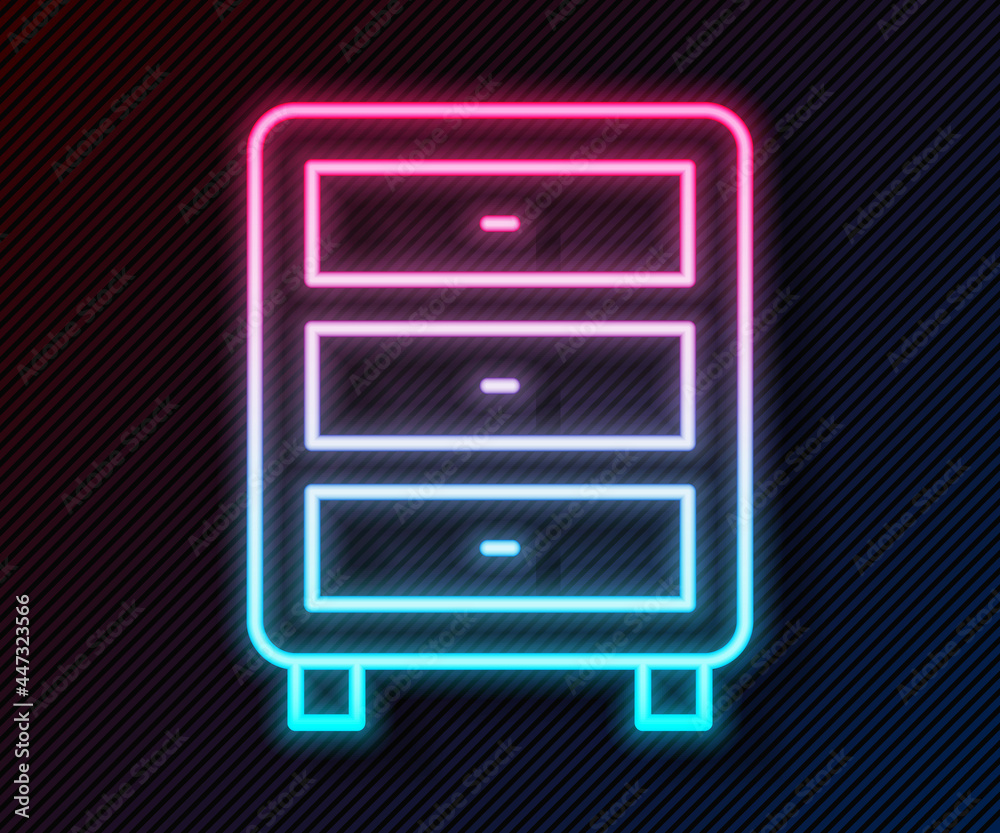 Glowing neon line Archive papers drawer icon isolated on black background. Drawer with documents. Fi