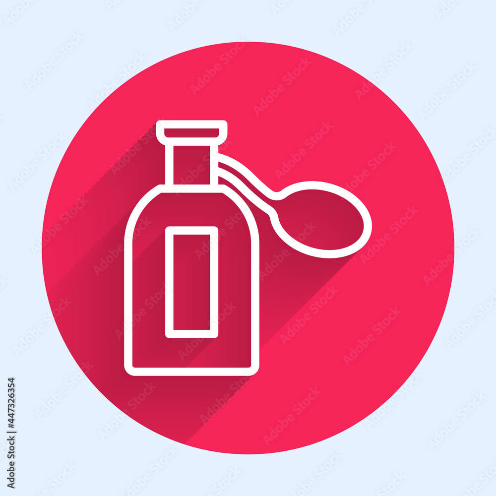 White line Perfume icon isolated with long shadow background. Red circle button. Vector