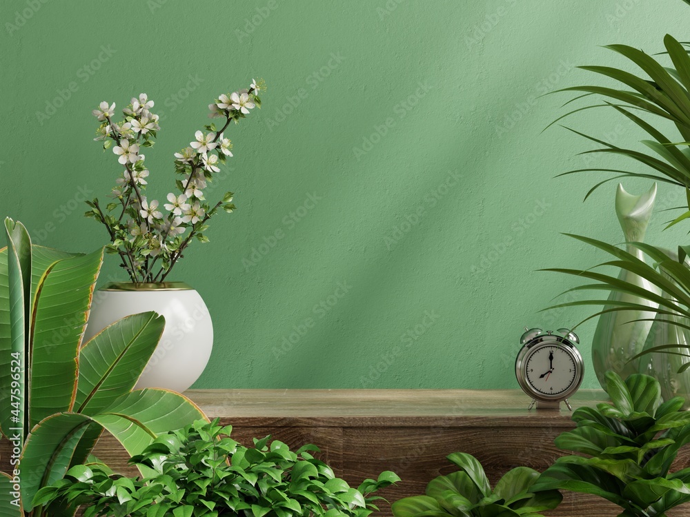 Interior wall mockup with plant,Green wall and shelf.