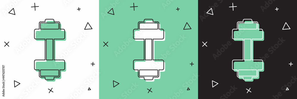 将哑铃图标隔离在白色和绿色，黑色背景上。肌肉提拉图标，健身杠铃