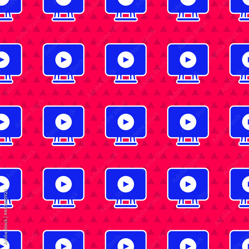 Blue Online play video icon isolated seamless pattern on red background. Film strip with play sign. 