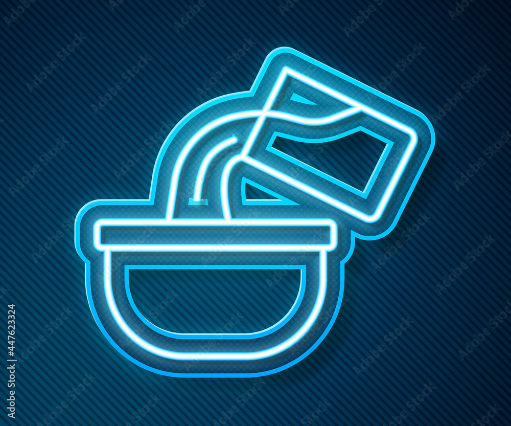 Glowing neon line Saucepan icon isolated on blue background. Cooking pot. Boil or stew food symbol. 