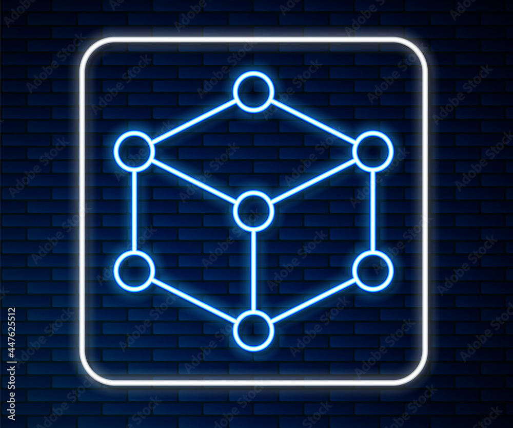 明亮的霓虹灯线，隔离在砖墙背景上的等角立方体图标。几何立方体实心图标。
