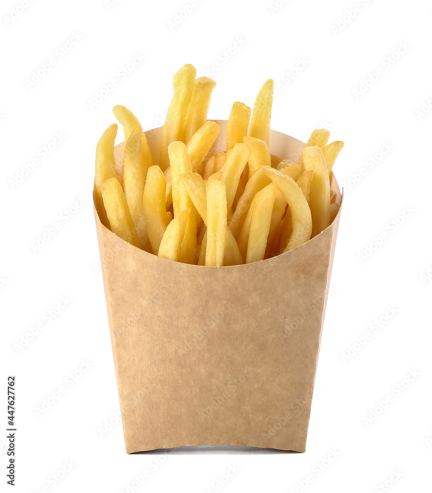 Paper bag with tasty french fries on white background