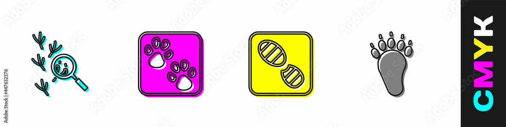 设置鸟类足迹、爪子、人类足迹鞋和熊掌图标。矢量
