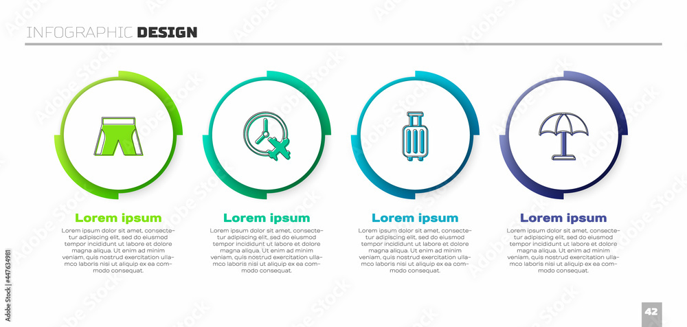 Set Short or pants, Clock with airplane, Suitcase and Sun protective umbrella. Business infographic 