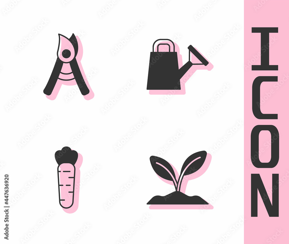 Set Sprout，Gardening手工剪刀，Carrot and Watering can icon.Vvector