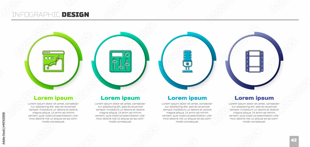 Set Histogram graph photography, Sound mixer controller, Microphone and Play Video. Business infogra