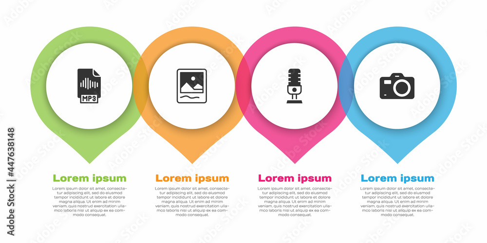 设置MP3文件文档、相框、麦克风和相机。业务信息图形模板。矢量