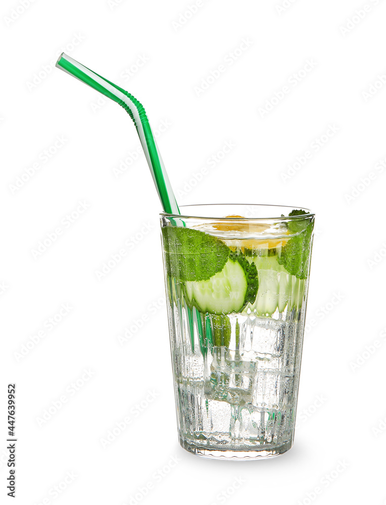 Glass with cucumber lemonade on white background