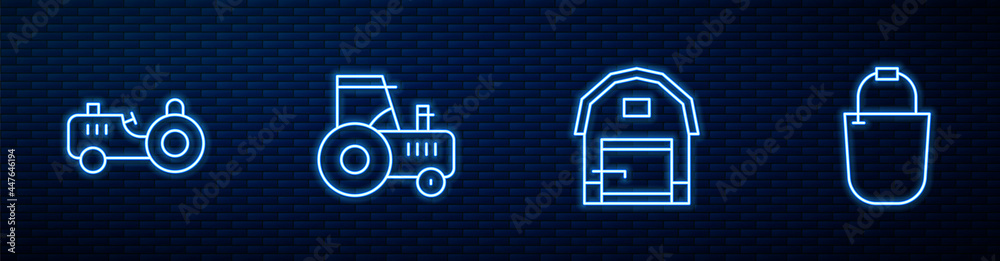 设置农场房屋、拖拉机和水桶。砖墙上闪闪发光的霓虹灯图标。矢量