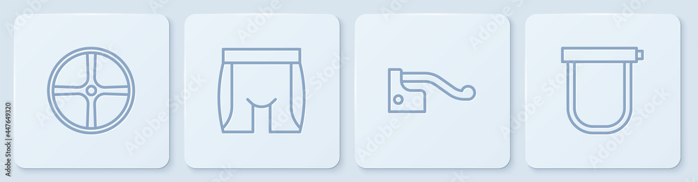 设置自行车轮子、刹车、骑行短裤和锁。白色方形按钮。矢量