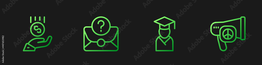 Set line Graduate and graduation cap, Coins hand - minimal wage, Envelope with question mark and Pea