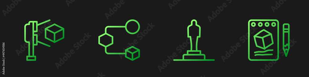 Set line 3D printer model, scanner with cube, Isometric and Sketch on paper. Gradient color icons. V