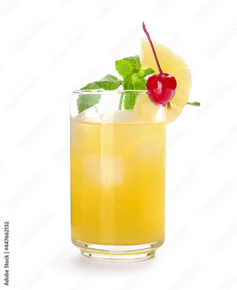 Glass of delicious mai tai cocktail on white background