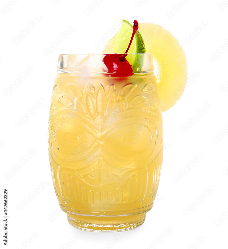 Glass of delicious mai tai cocktail on white background