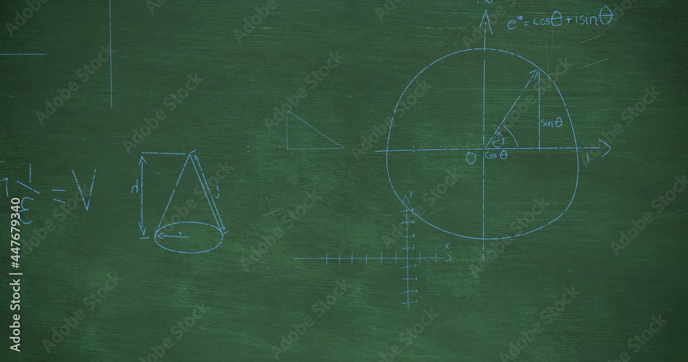 用粉笔写的数学方程从绿色黑板背景升起4k