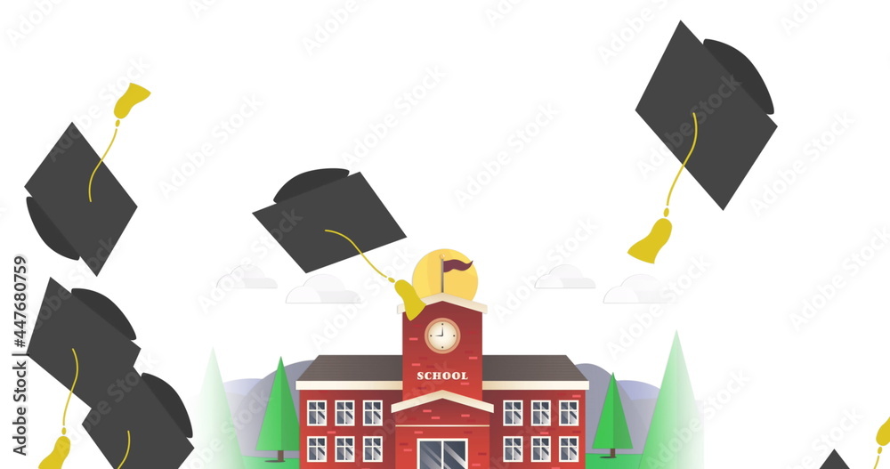 Multiple graduation hats falling over school building icon against white background