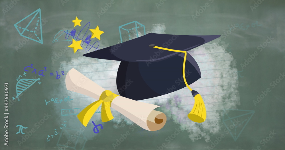 Graduation hat and diploma icon against mathematical diagrams and equations on black board