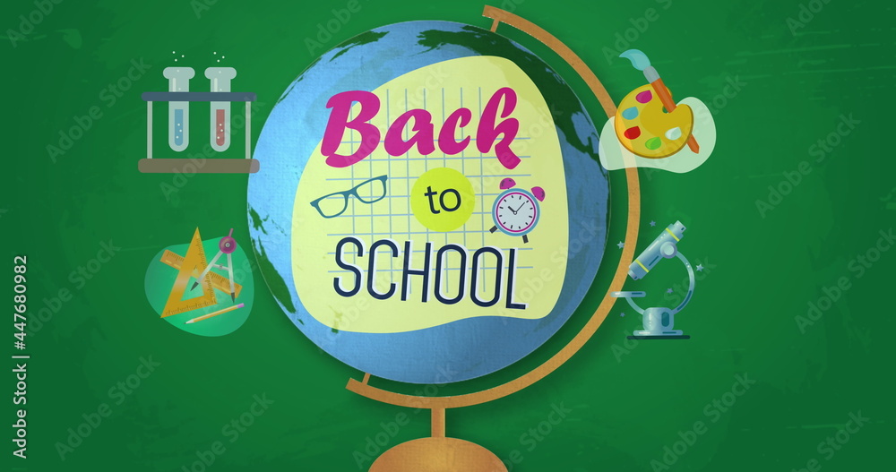 Back To School text and multiple school concept icons against spinning globe