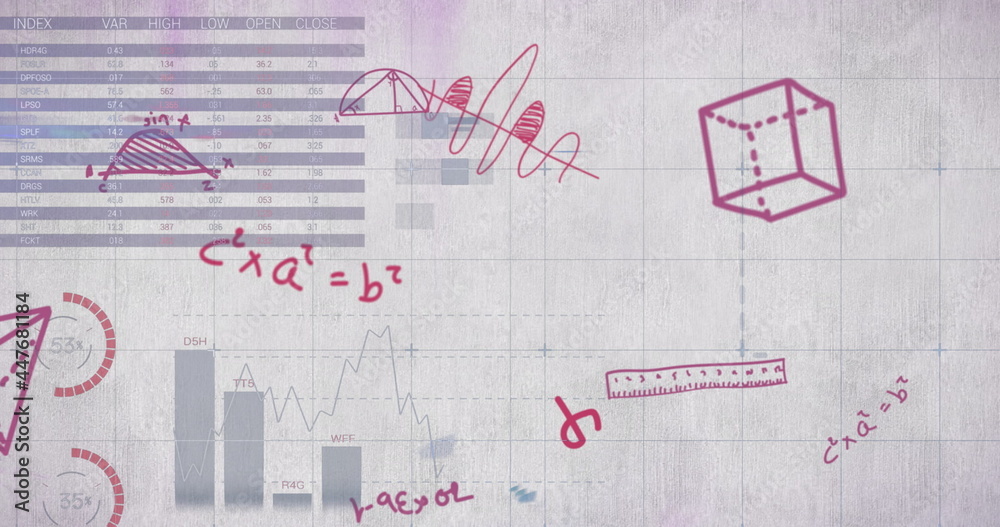 Mathematical equations and diagrams against statistical data processing