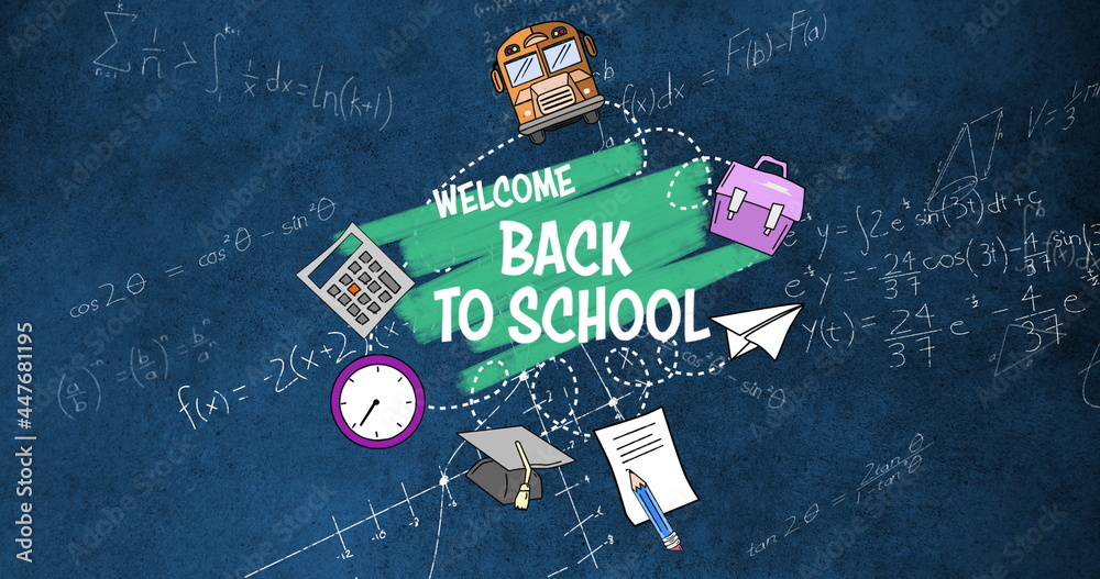 Back To School text against mathematical equations on blue background