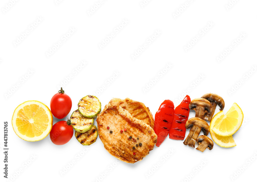 Tasty grilled vegetables and steaks on white background