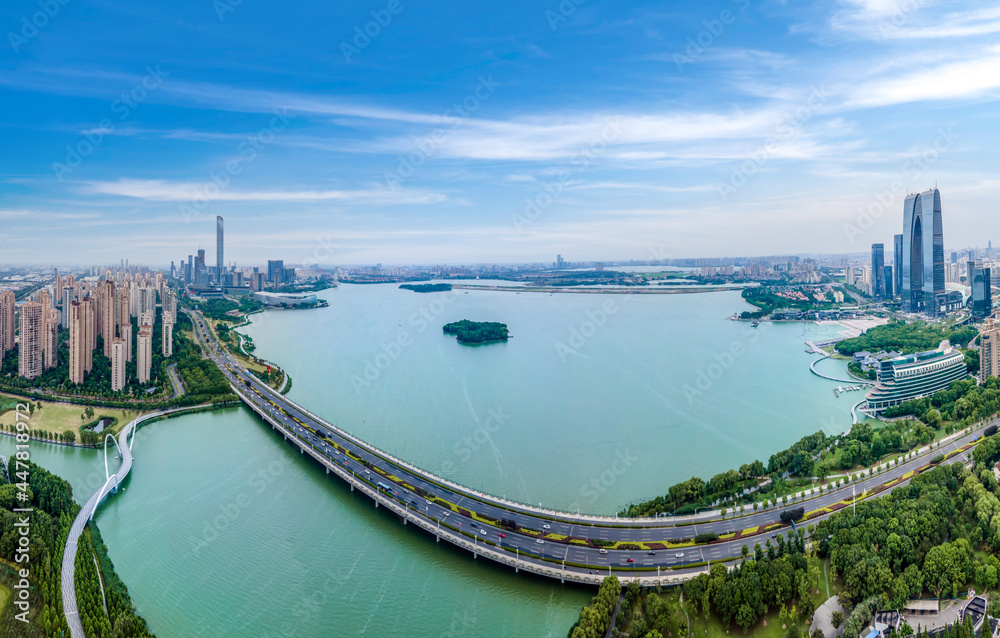 航拍苏州城市建筑景观天际线全景图