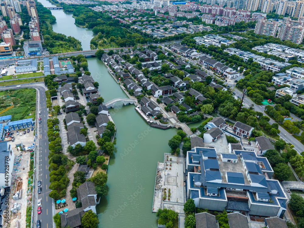 Aerial photography of Chinese garden landscape in Xietang Old Street of Suzhou Canal