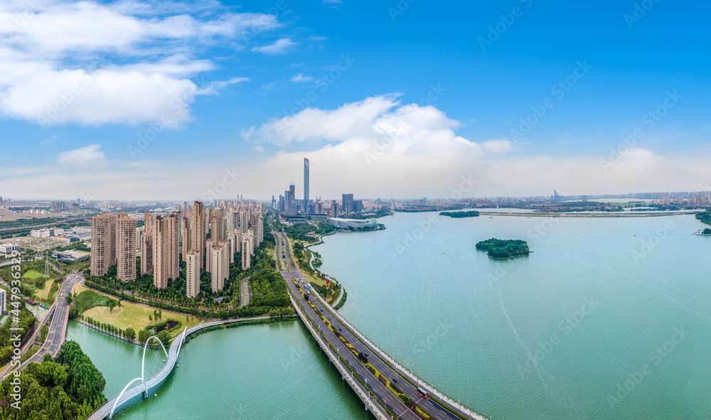 航拍苏州城市建筑景观天际线全景图