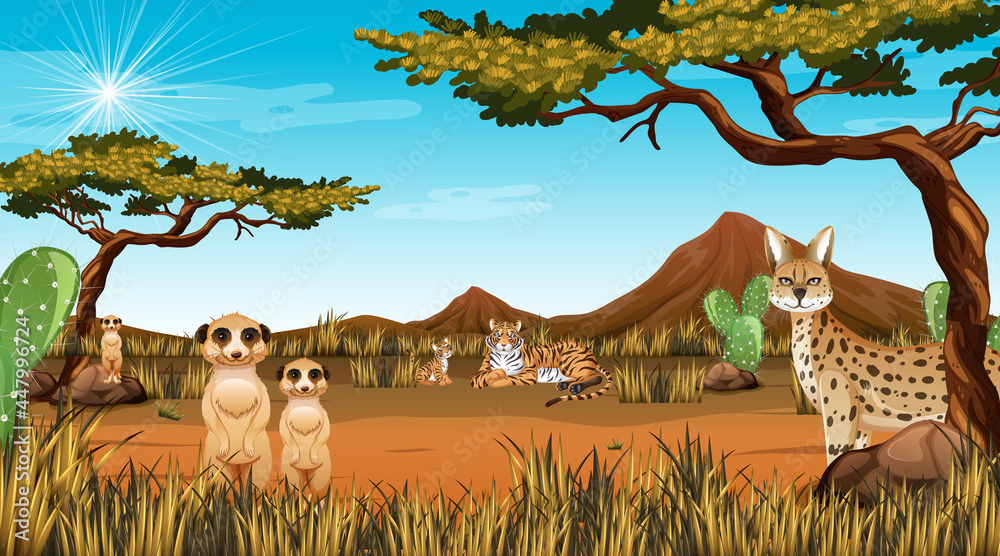 Desert forest landscape at daytime scene with willd animals