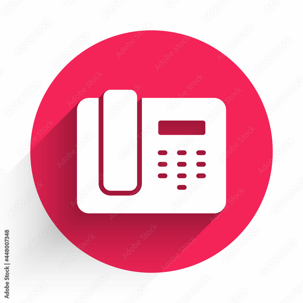 White Telephone 24 hours support icon isolated with long shadow. All-day customer support call-cente