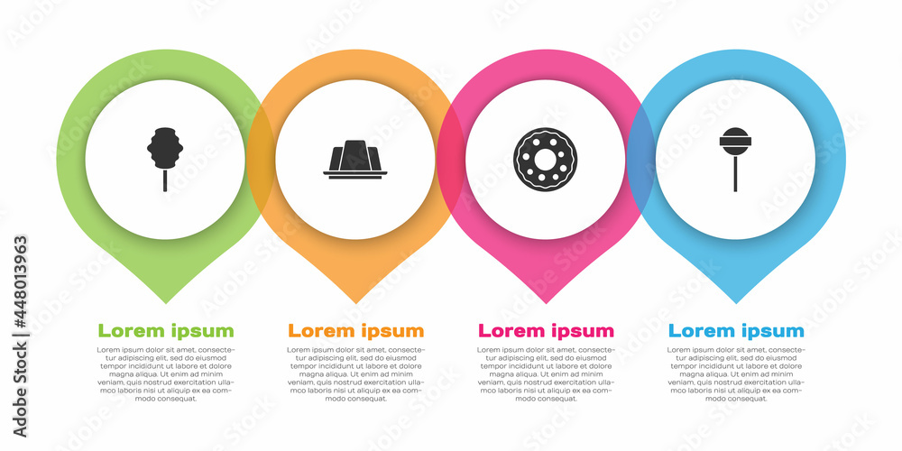套装棉花糖、果冻蛋糕、甜甜圈和棒棒糖。商业信息图模板。矢量