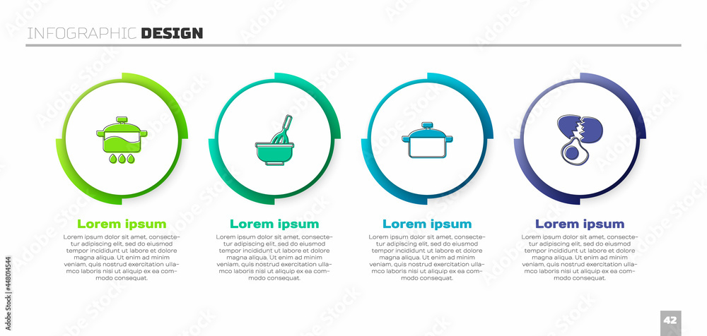 设置烹饪锅、带碗的厨房搅拌器和碎鸡蛋。商业信息图模板。矢量