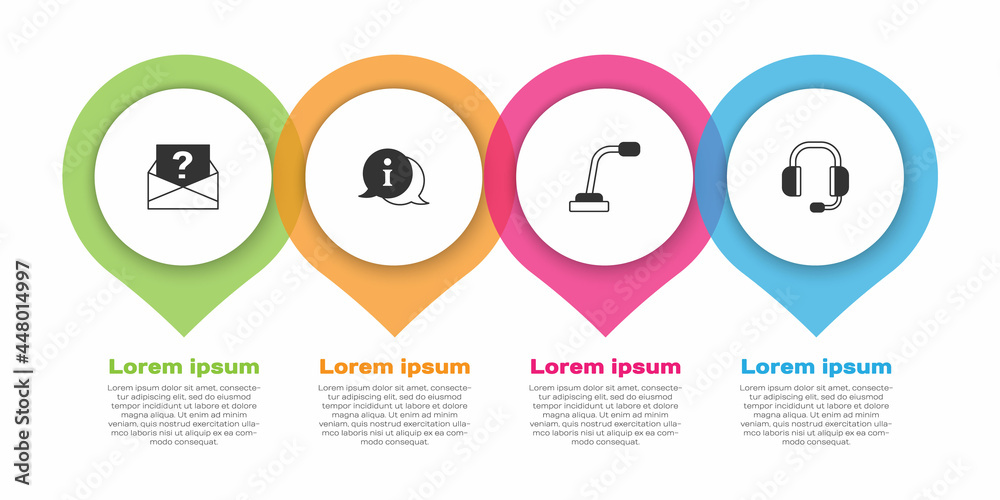 设置带有问号、信息、麦克风和耳机的信封。商务信息图templa