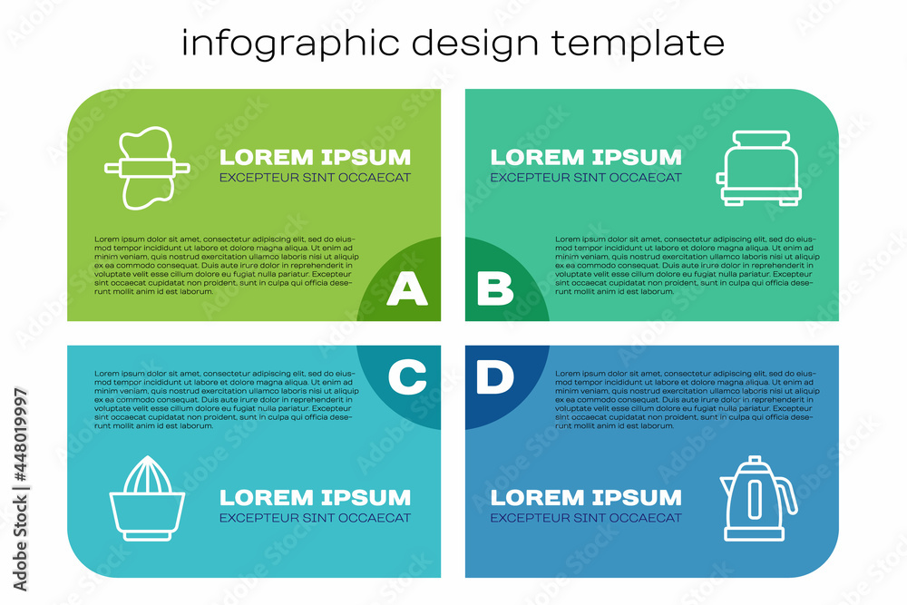 成套柑橘榨汁机、擀面棍、电热水壶和烤面包机。商业信息图