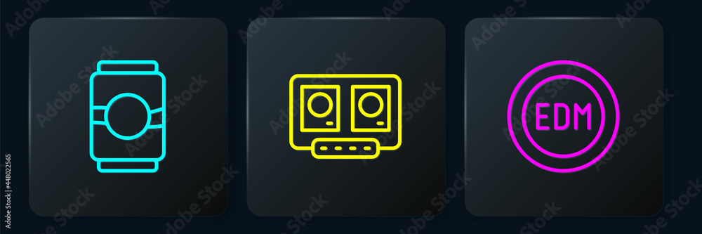 Set line Beer can, EDM electronic dance music and DJ remote and mixing. Black square button. Vector