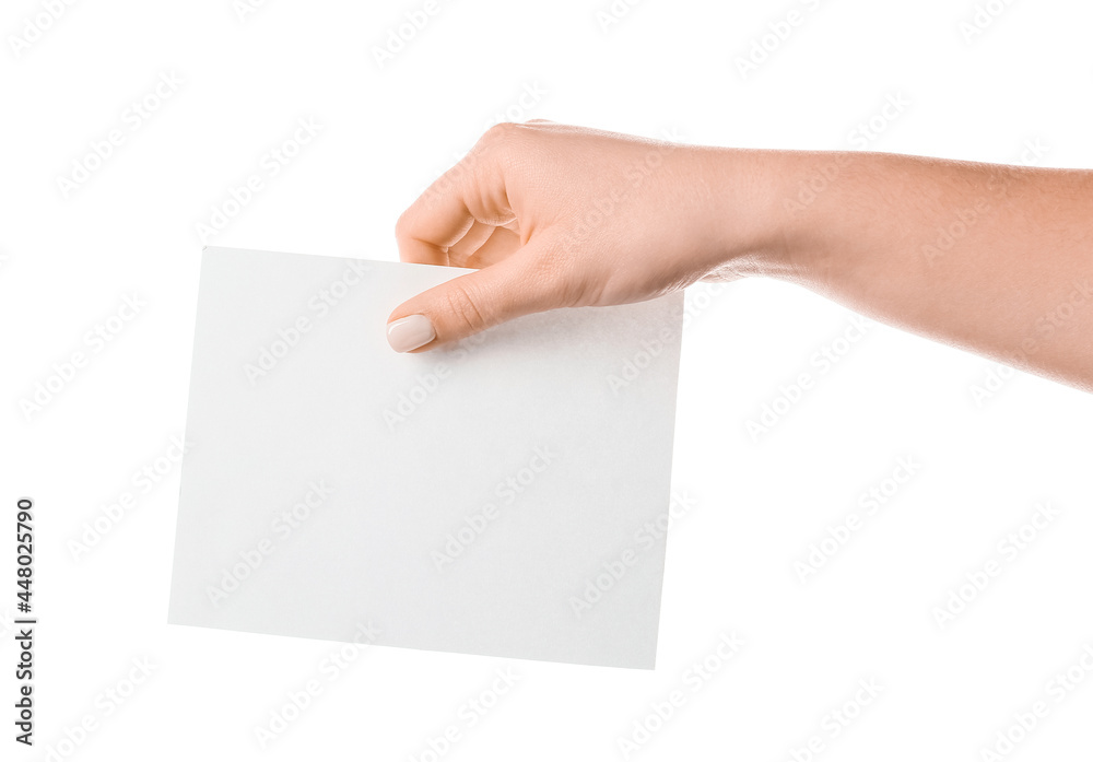 Woman holding blank sheet of paper on white background